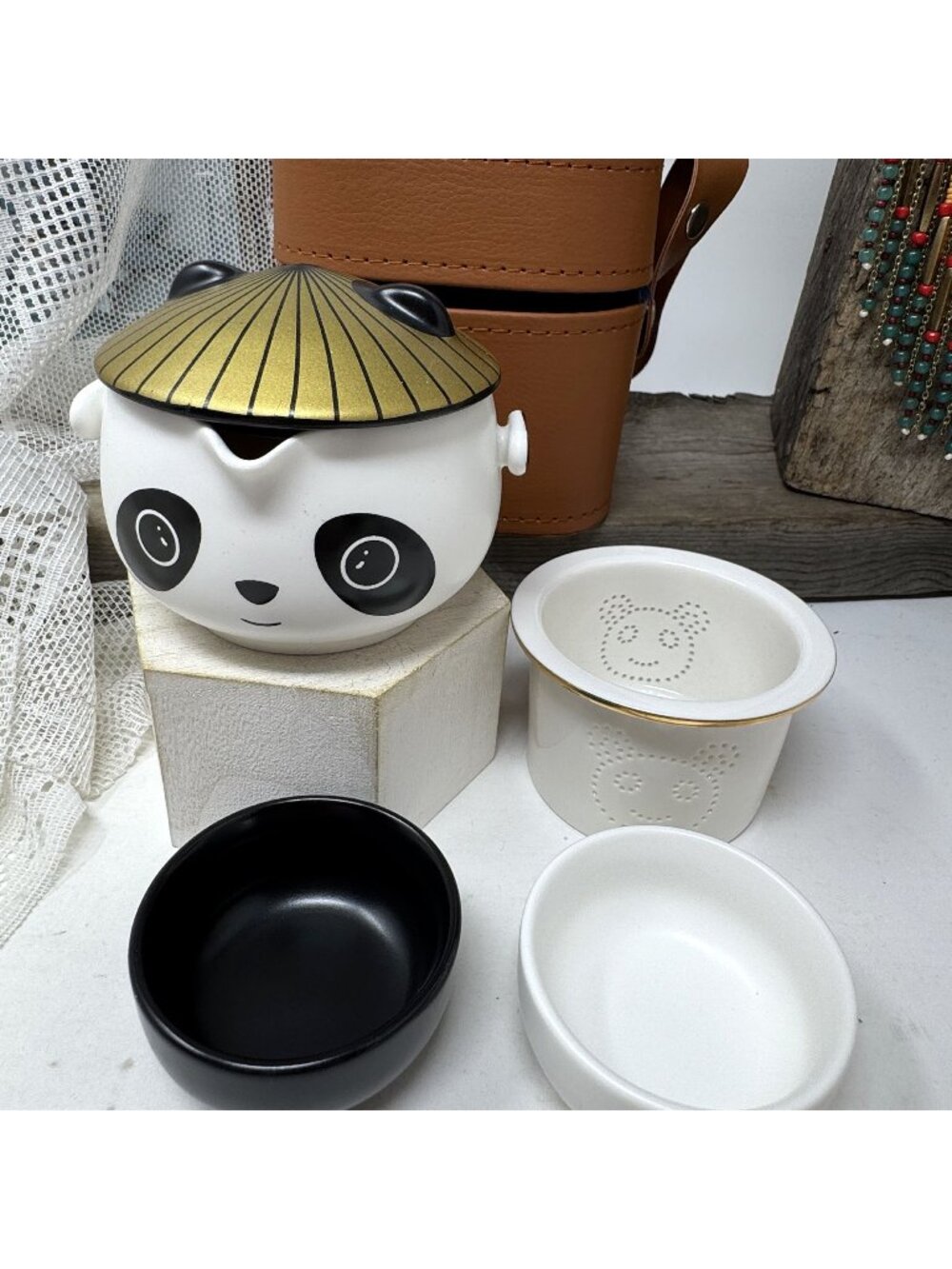 Panda Tea Set With Brown Faux Leather Travel Case Includes Strainer Lid & Bowls